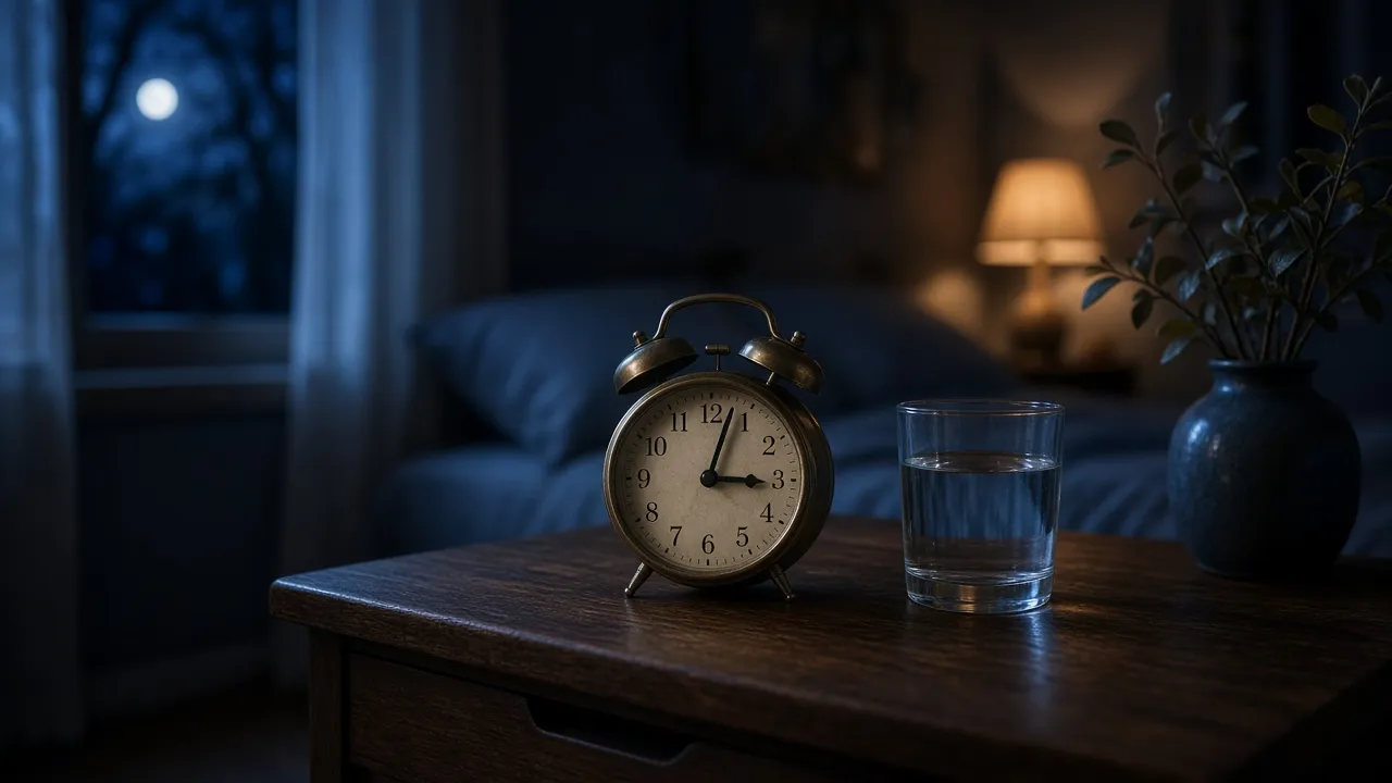 Criado-mudo com relógio despertador e copo de água em quarto à noite (imagem ilustrativa)
