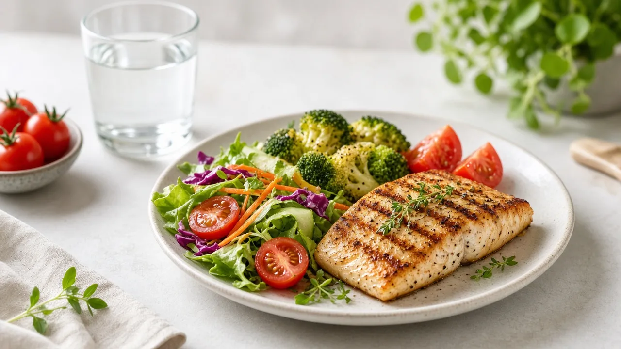 Prato com salmão grelhado, brócolis e salada ao lado de um copo de água (imagem ilustrativa)