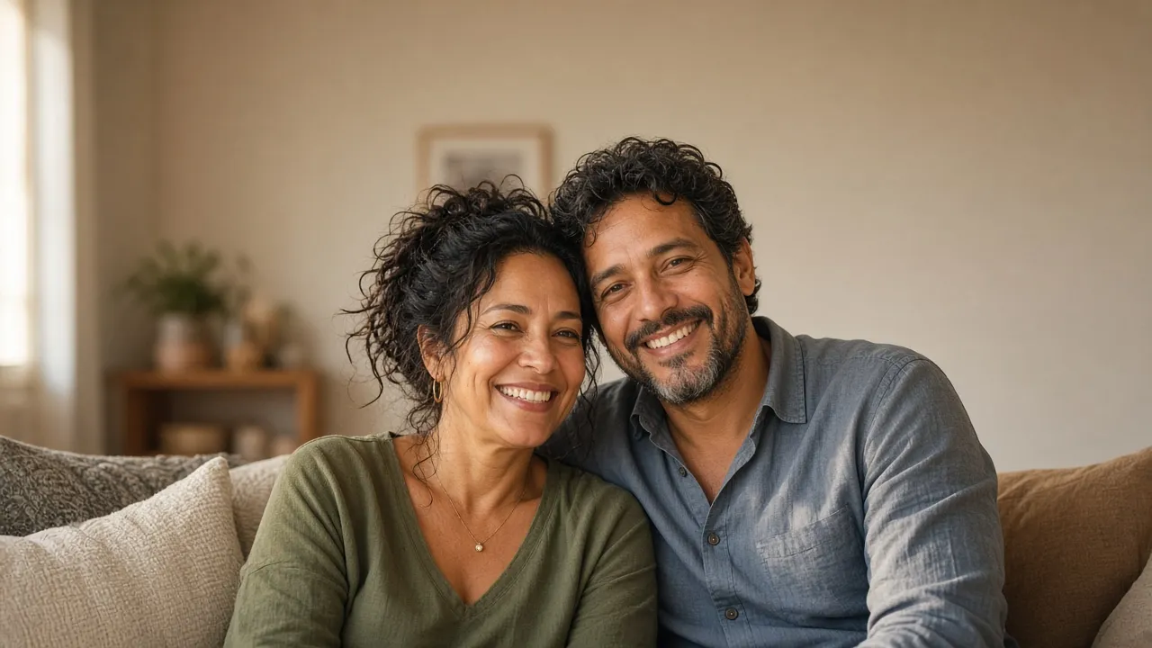 Casal abraçado e sorrindo, sentado em um sofá na sala de casa (imagem ilustrativa)