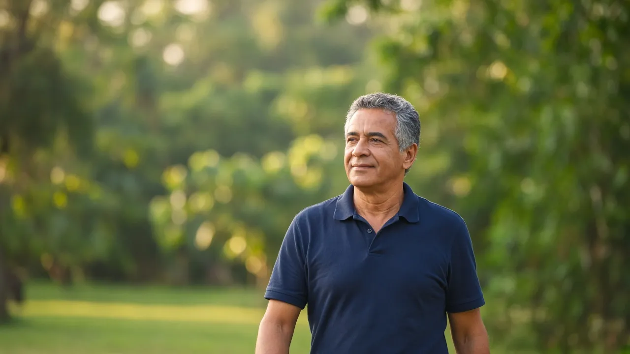 Homem de meia-idade caminhando ao ar livre em um parque (imagem ilustrativa)