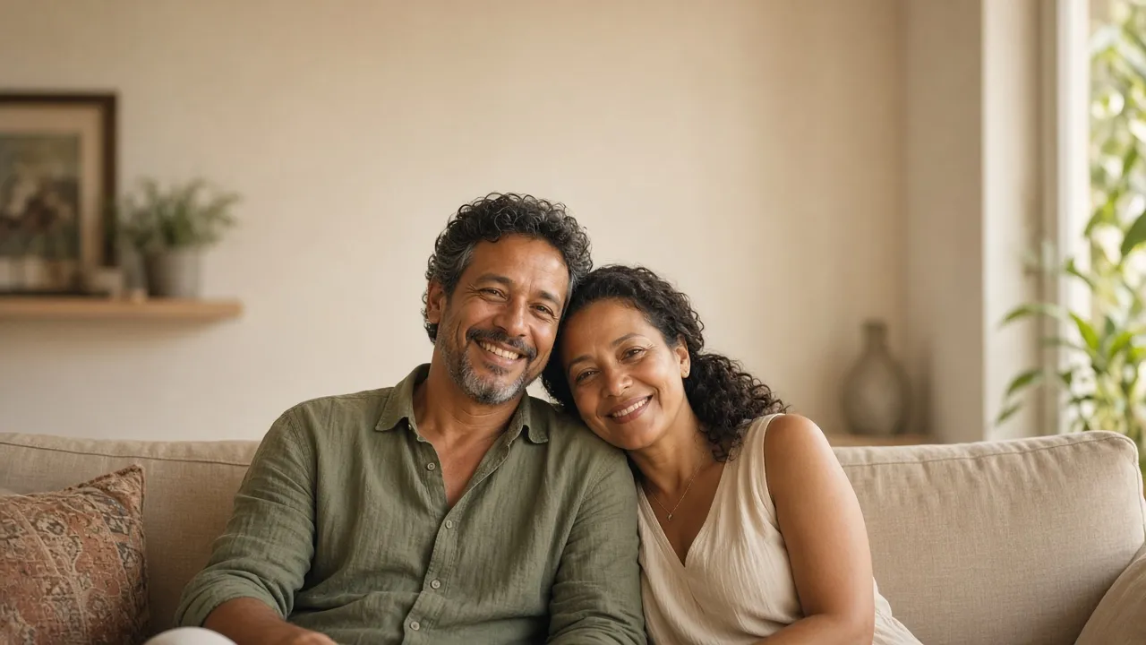 Casal sentado lado a lado em um sofá, em ambiente doméstico iluminado (imagem ilustrativa)